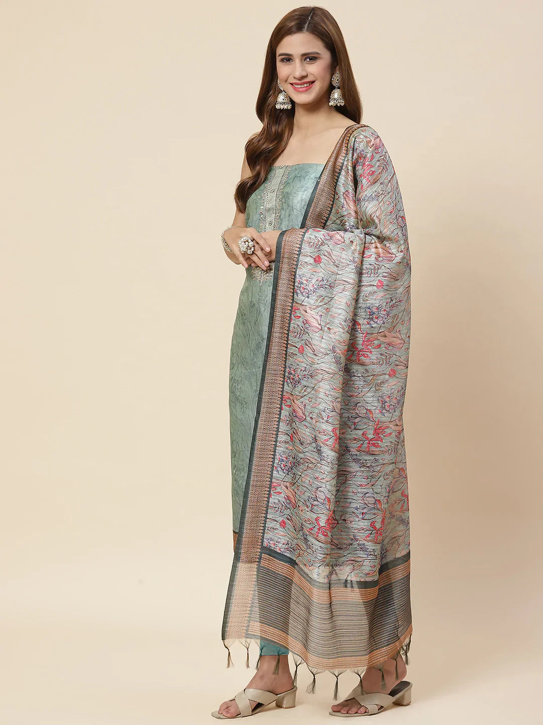 Neck Embroidered & Printed Chanderi Unstitched Suit Piece With Dupatta