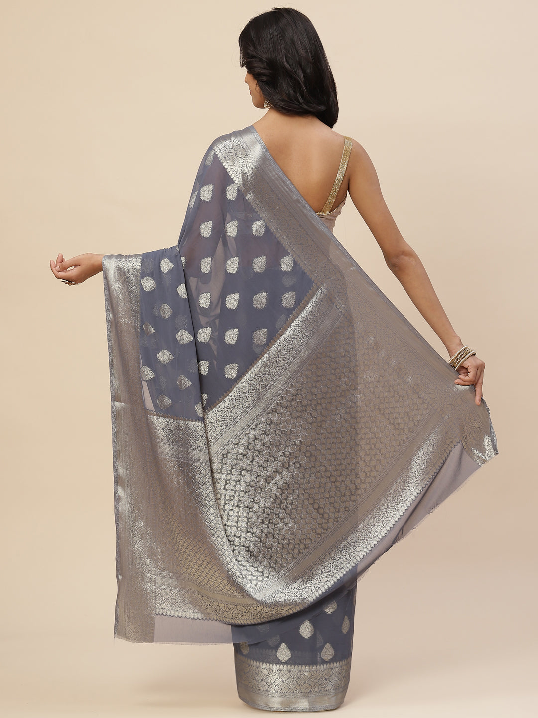 Zari Booti Chiffon Plain Saree