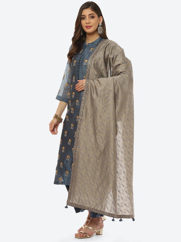Resham Booti Cotton Kurta With Pant &amp; Dupatta