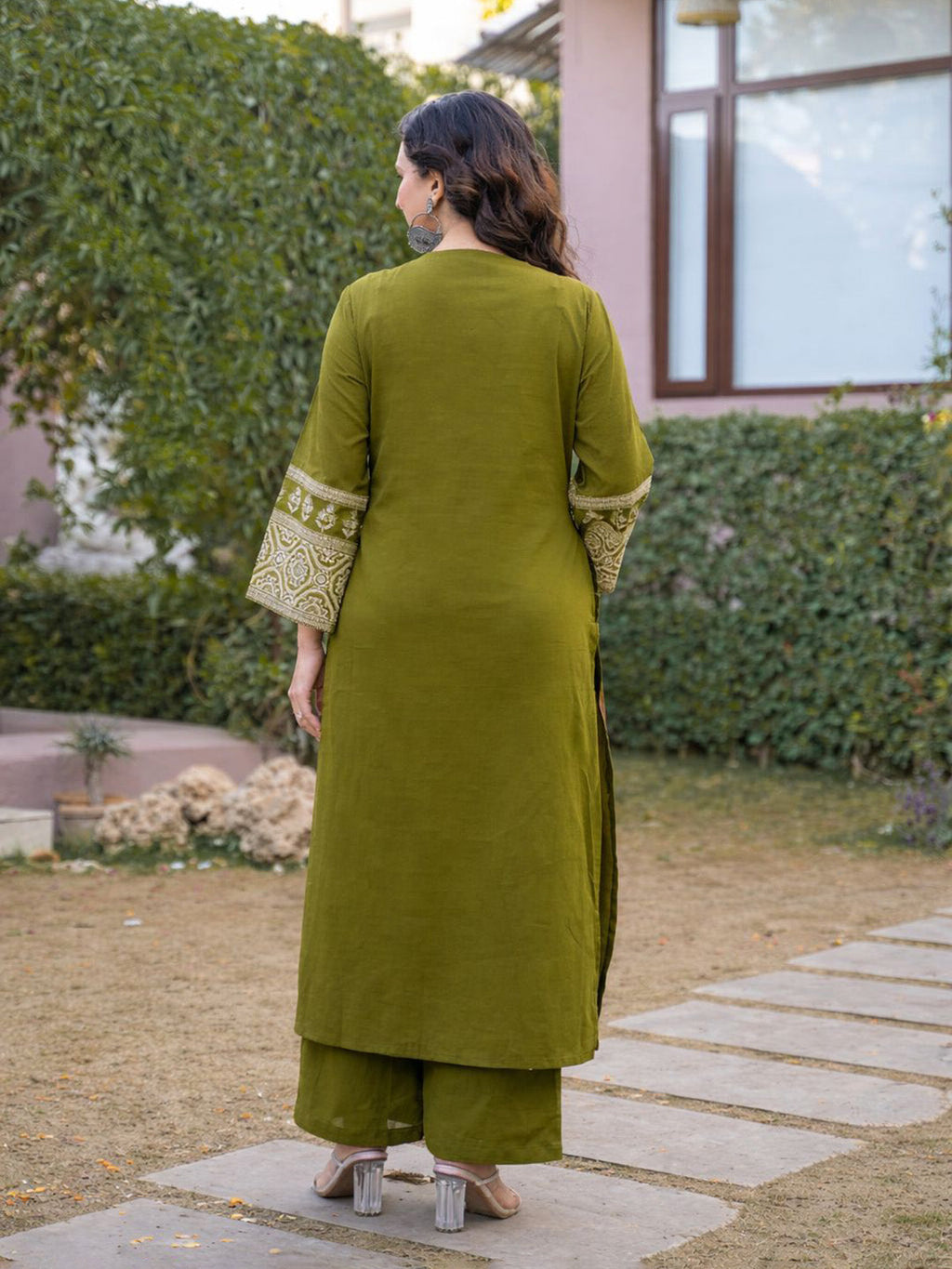 Green Cotton Blend Printed Straight Suit Set