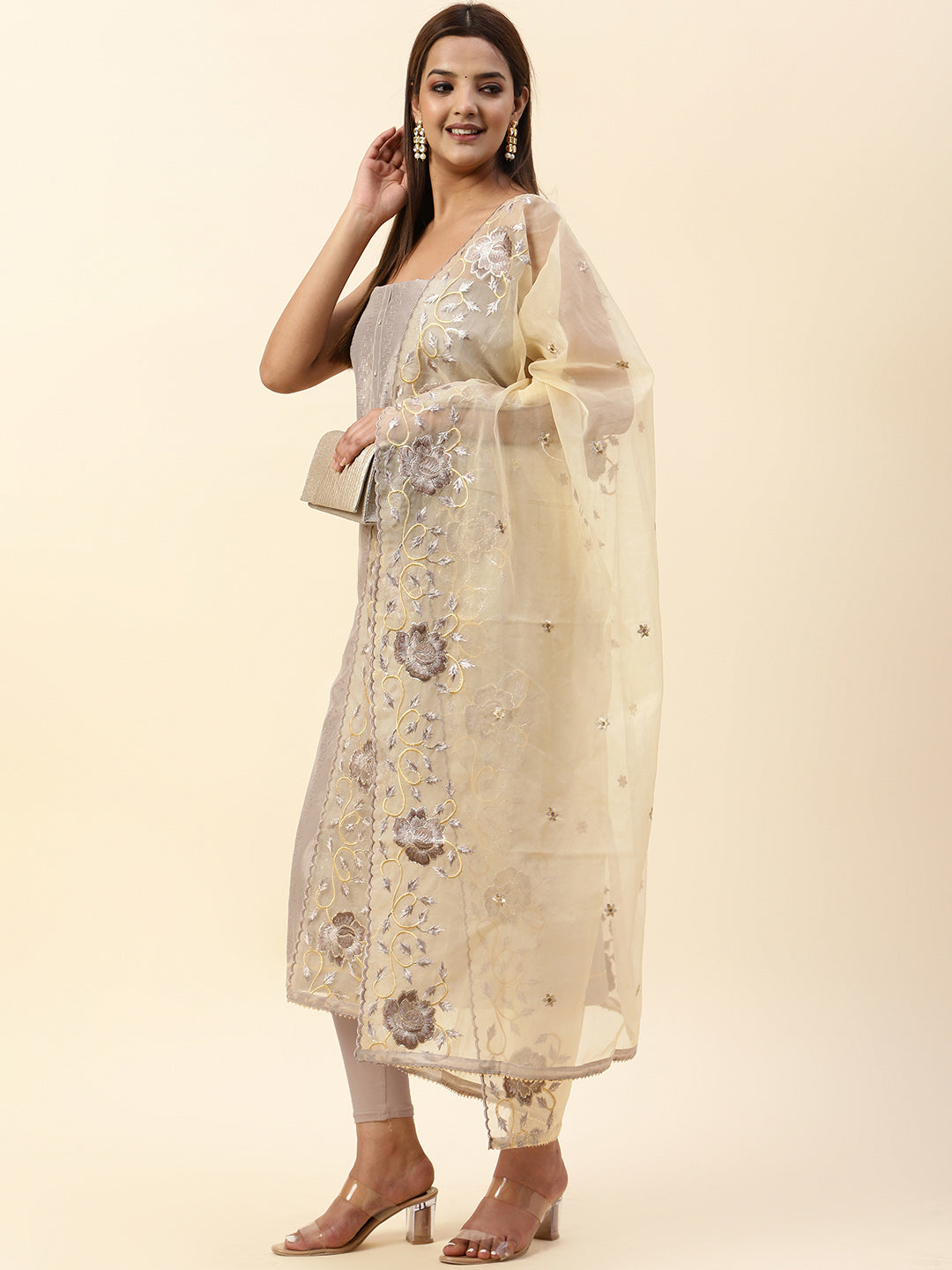 Embroidered Chanderi Unstitched Suit Piece With Dupatta