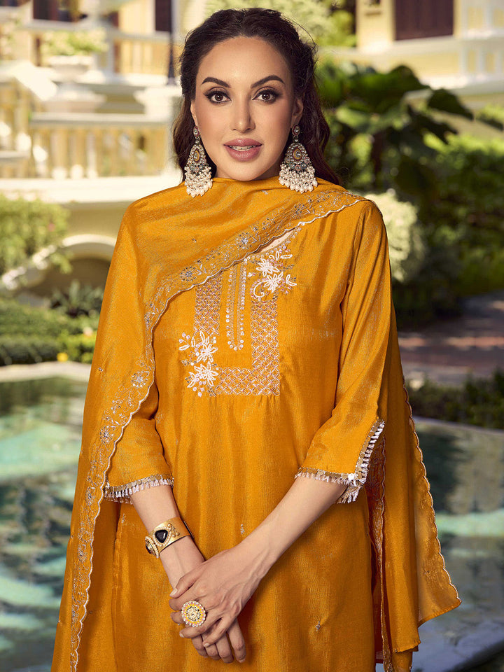 Embroidered Shimmer Vichitra Kurta With Pant &amp; Dupatta