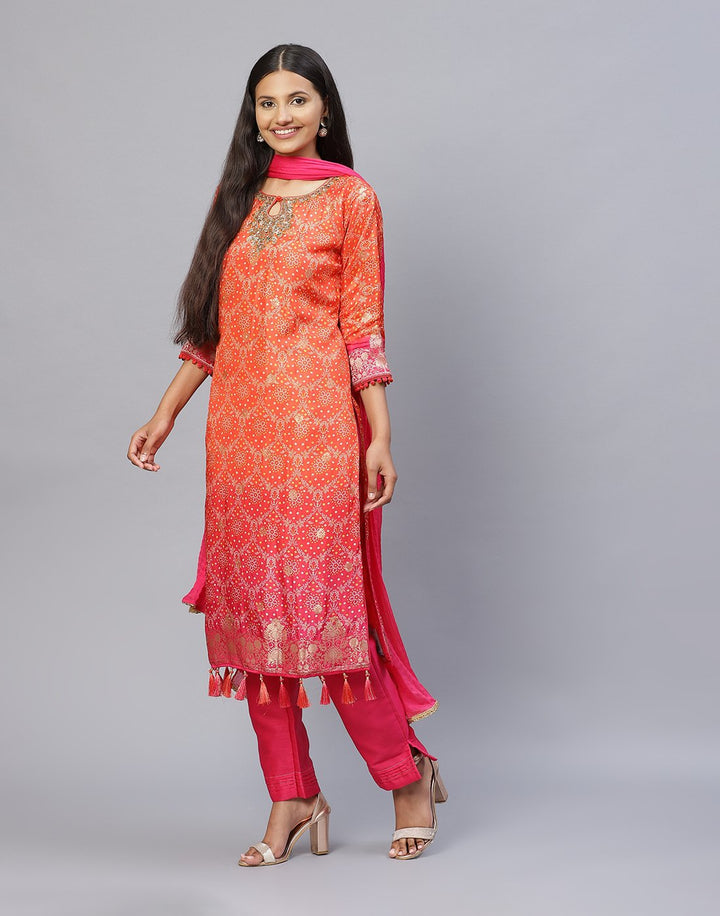 Orange  and Pink Straight Stitched Suit Salwar Kameez