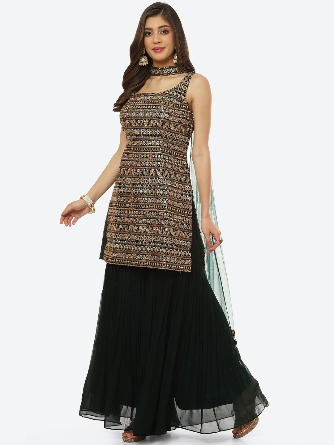 Zari Embroidered Georgette kurta With Palazzo & Dupatta