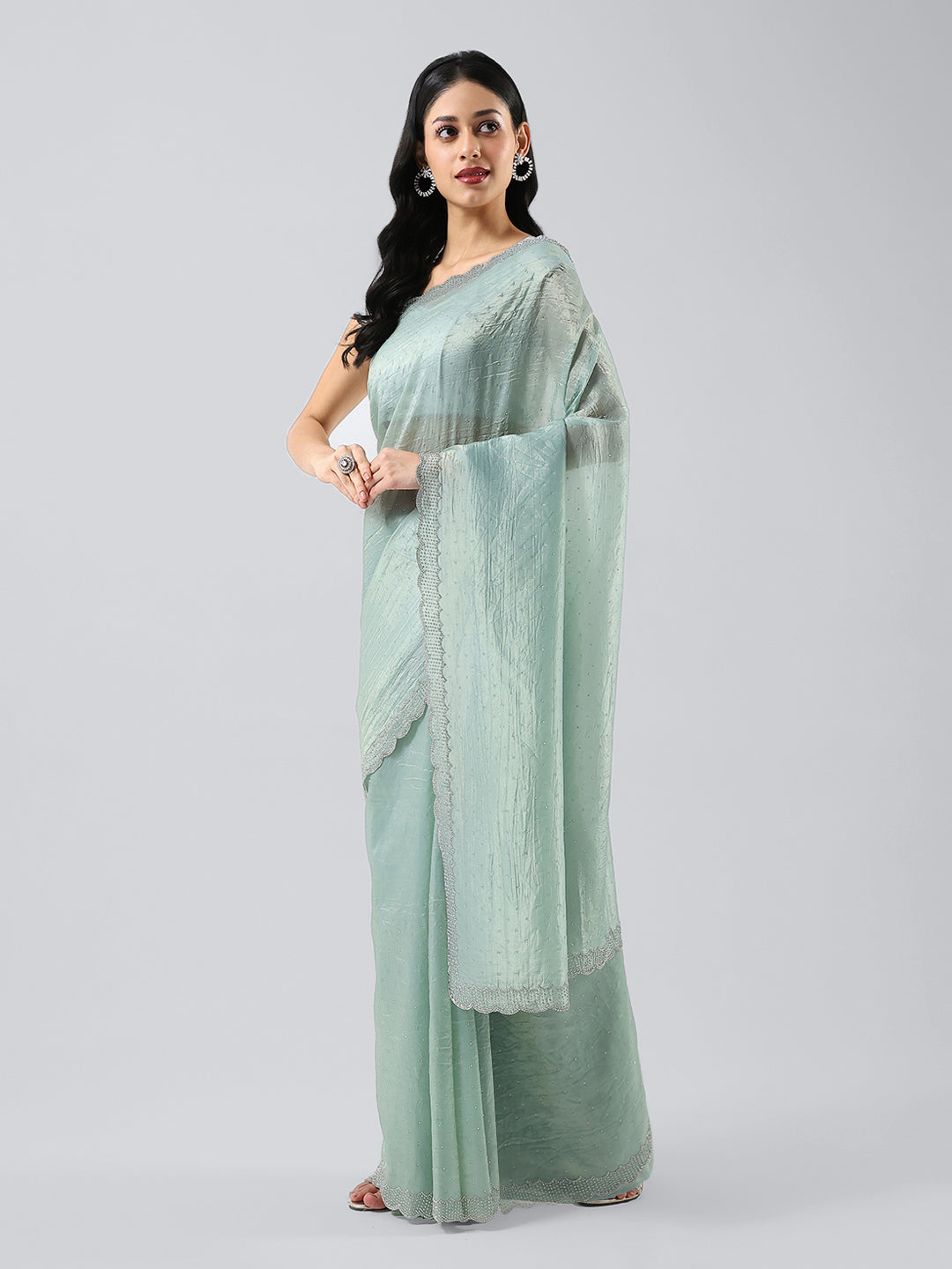 Swarovski Border Art-Chiffon Organza Plain Saree