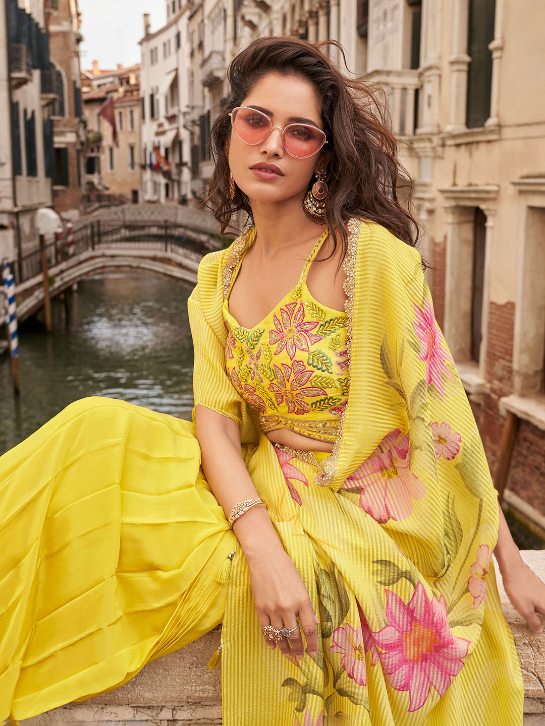 Embroidered Chinon Choli With Plazzo &amp; Jacket