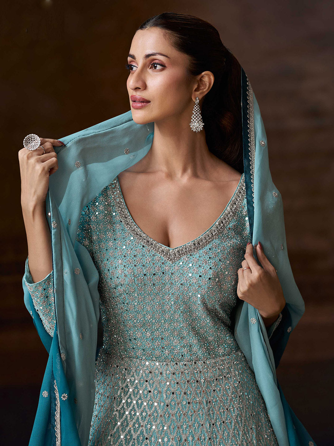 Embroidered Chinon A Line Dress With Dupatta