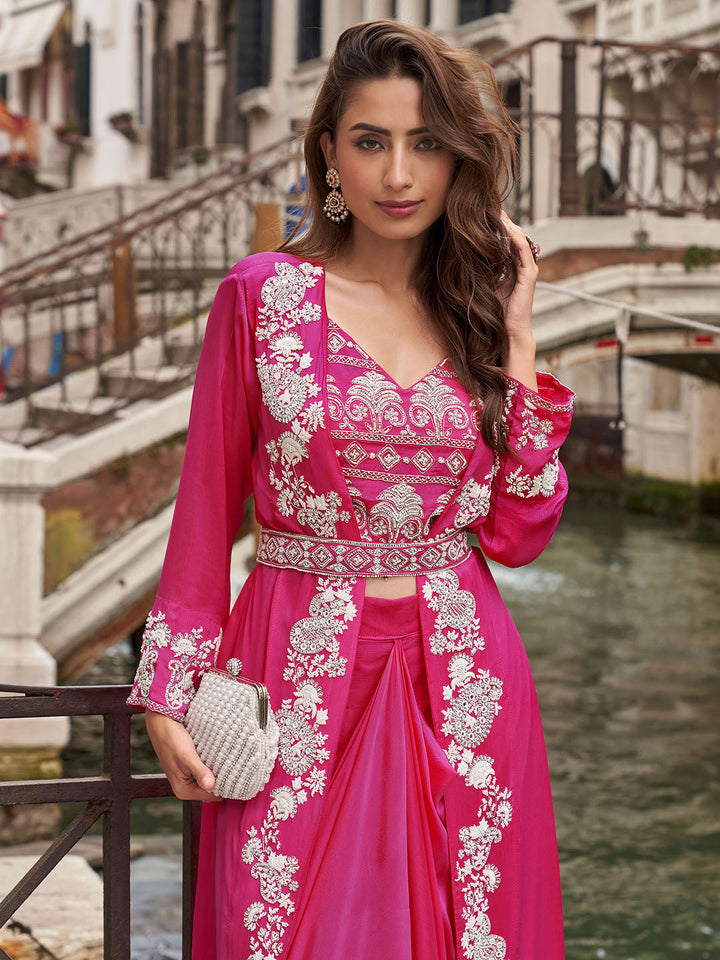 Embroidered Chinon Choli With Plazzo &amp; Jacket