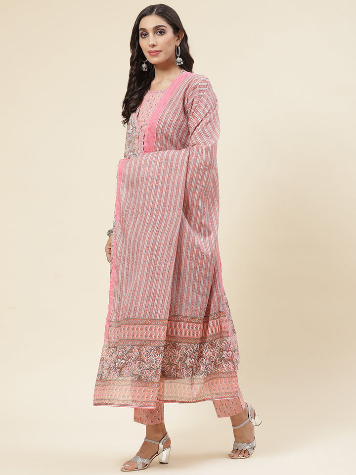Floral Printed Cotton Kurta With Pants &amp; Dupatta