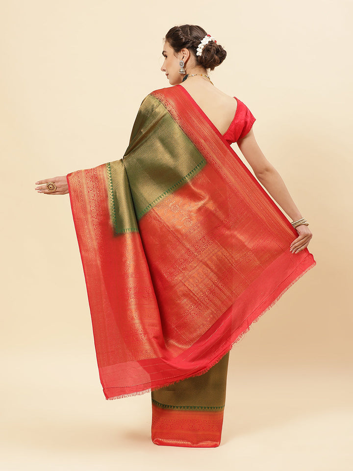 Brocade Zari Jaal  Art Handloom Saree With Contrast Blouse