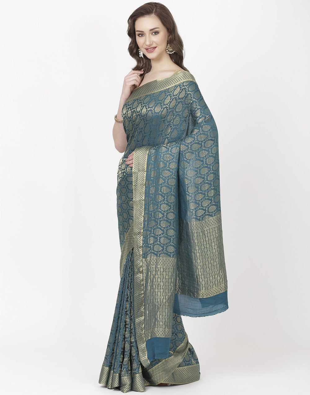 MBZ Meena Bazaar-Peacock Blue Crepe Saree
