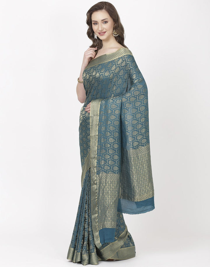 MBZ Meena Bazaar-Peacock Blue Crepe Saree