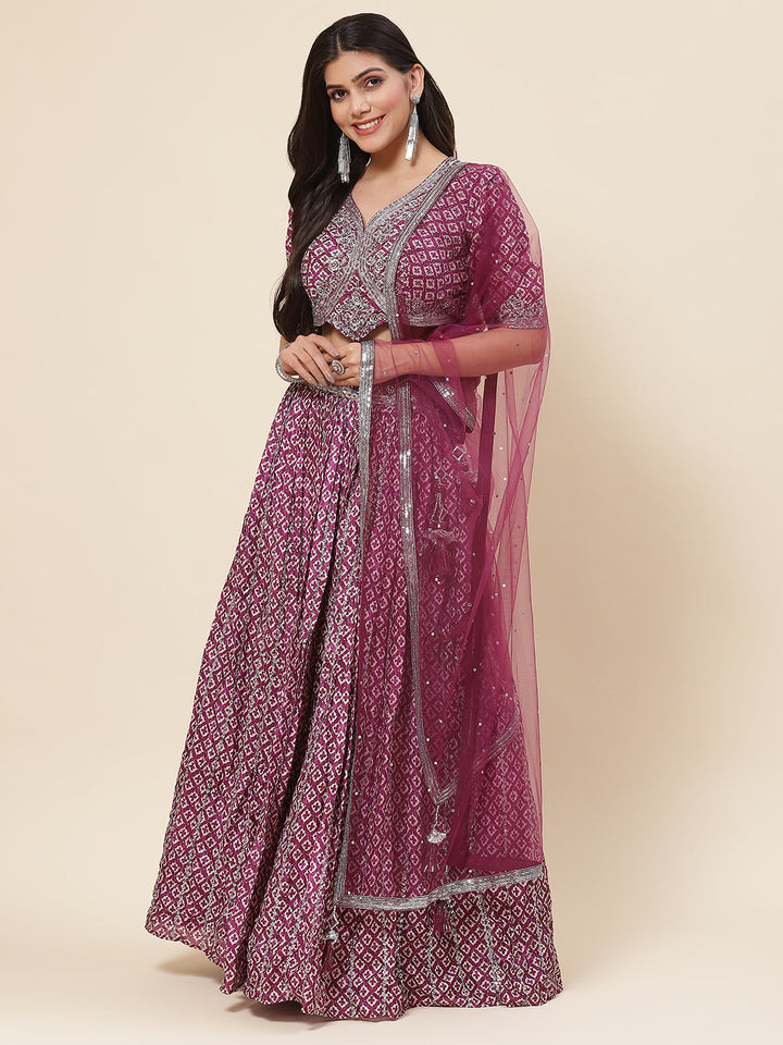 Printed Sequin Embroidered Crepe Choli With Lehenga &amp; Net Dupatta