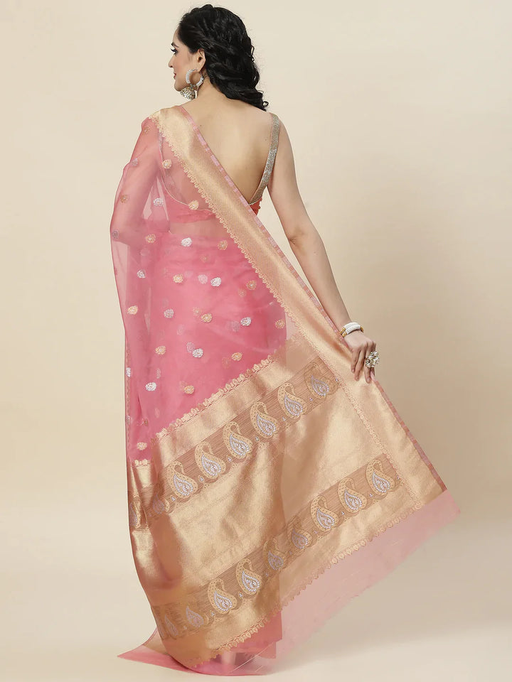 Zari Border Booti Organza Woven Saree