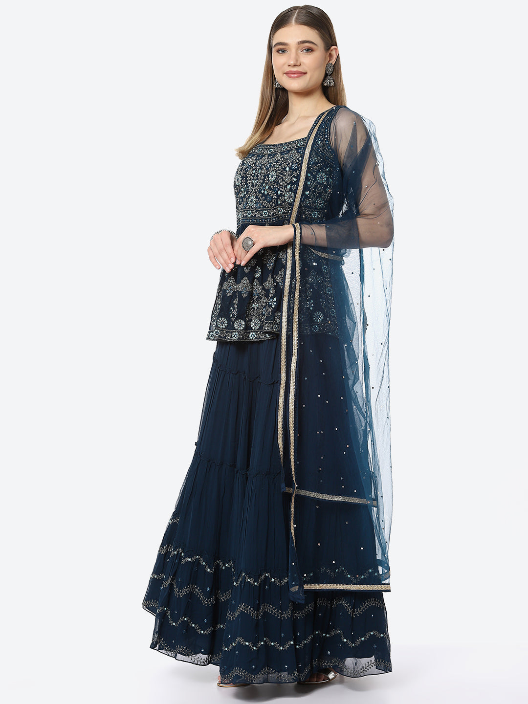 Resham Embroidered Georgette Choli With Lehenga &amp; Net Dupatta
