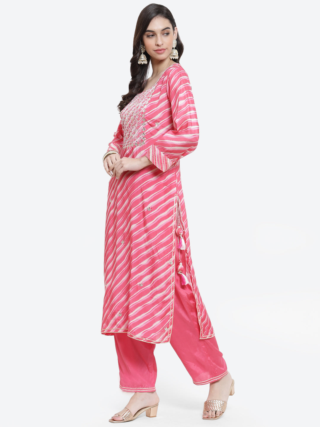 Leheriya Printed Gota Work Cotton Stitched Salwar Kameez With Printed Organza Dupatta