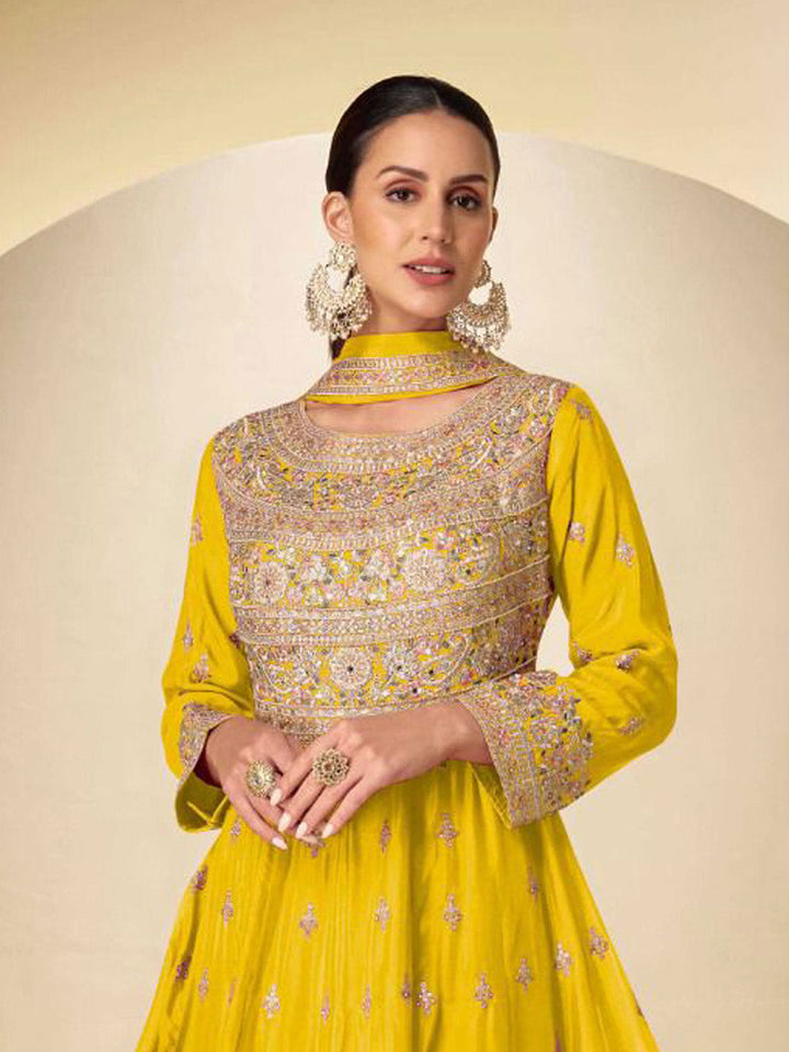 Embroidered Chinnon Suit With Pant &amp; Dupatta