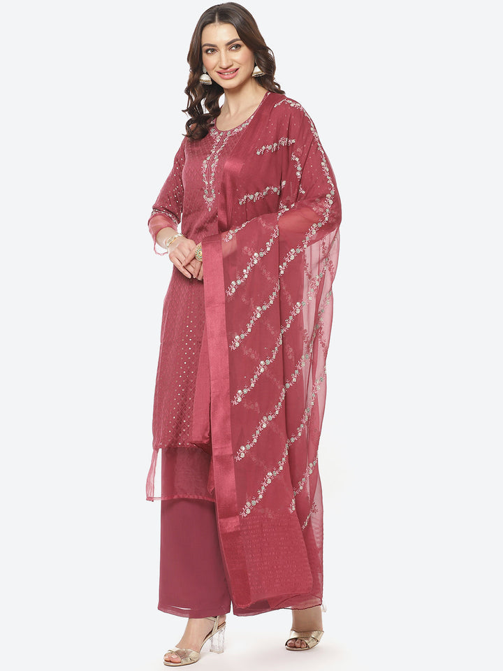 Resham Booti Neck Work Crepe Georgette Stitched Salwar Kameez With Embroidered Dupatta
