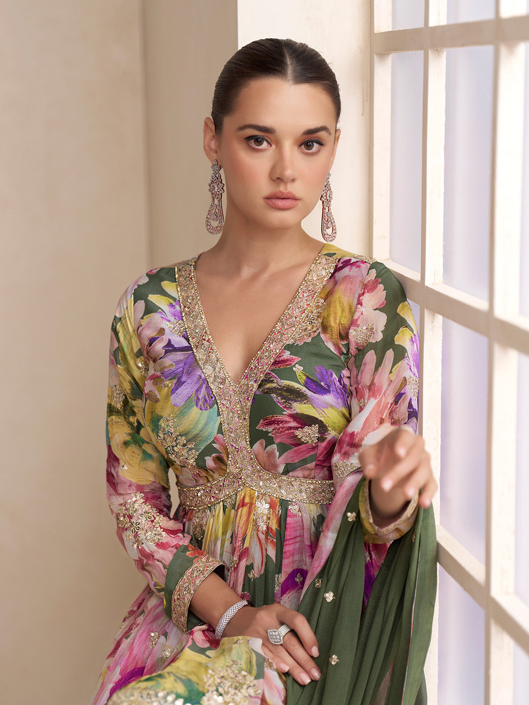 Embroidered Chinnon Kurti With Gharara &amp; Dupatta