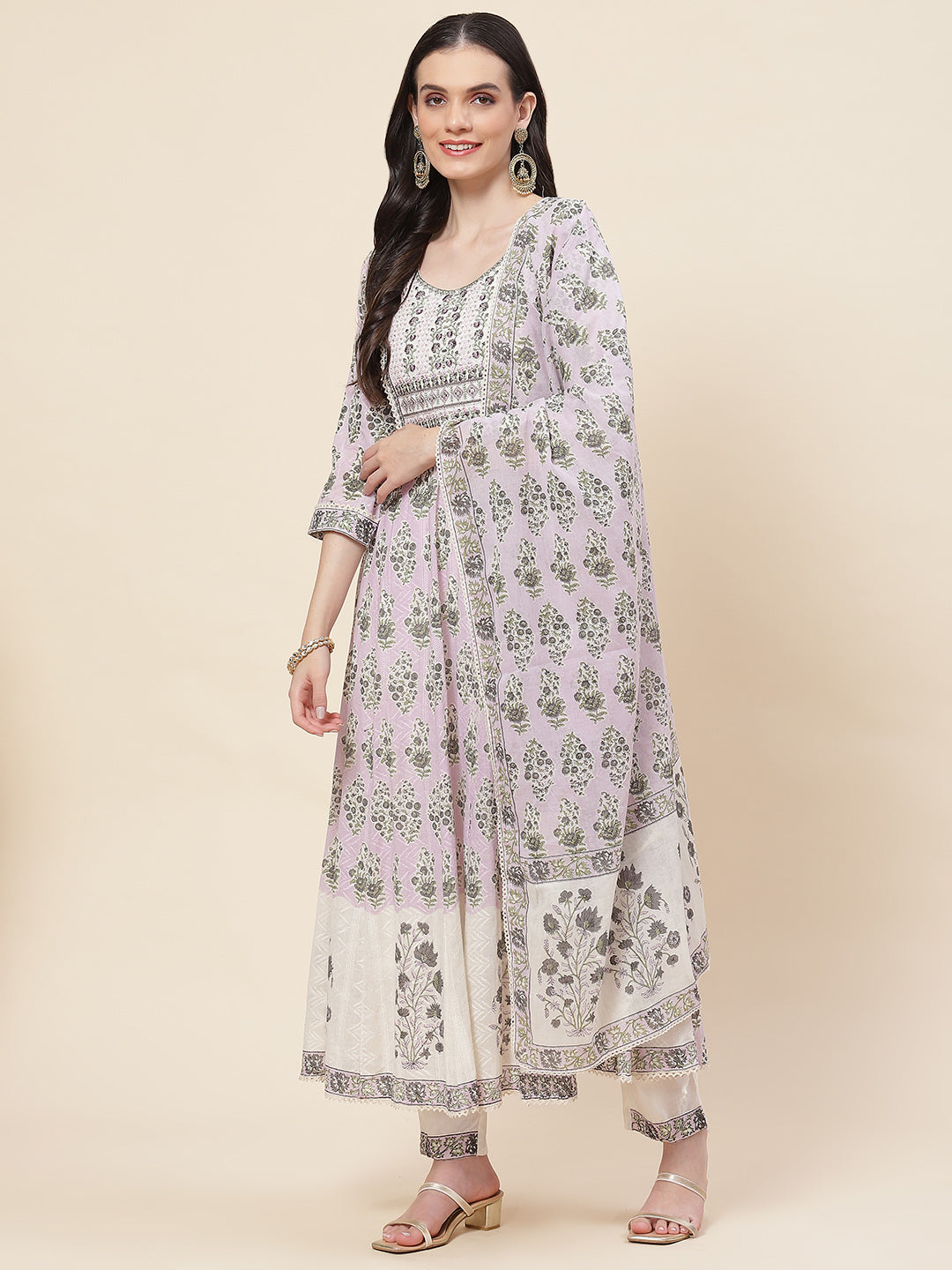 Floral Printed Cotton Kurta With Pants &amp; Dupatta