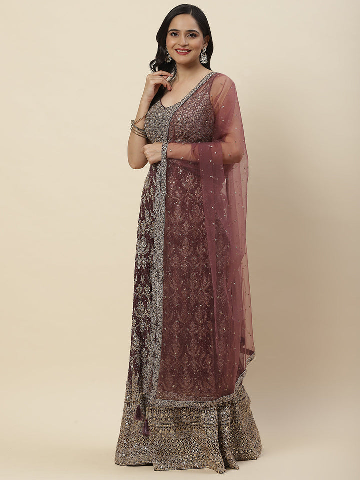 Sequin Zari Embroidered Georgette Crop Top With Palazzo &amp; Dupatta