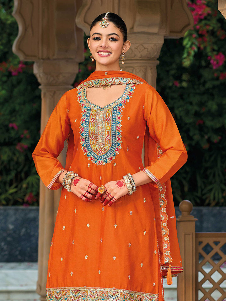 Embroidered Chinon Kurti With Plazzo &amp; Dupatta