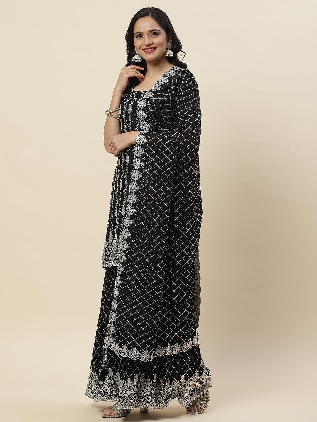 Sequin Embroidered Crepe Kurti With Garara &amp; Dupattta