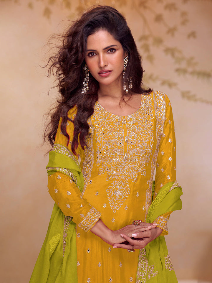 Embroidered Chinon Kurta With Plazzo &amp; Dupatta
