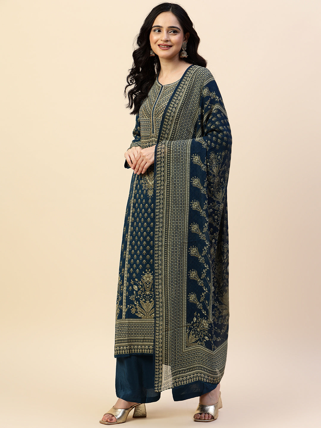 Digital Printed Crepe Kurta With Palazzo &amp; Dupatta