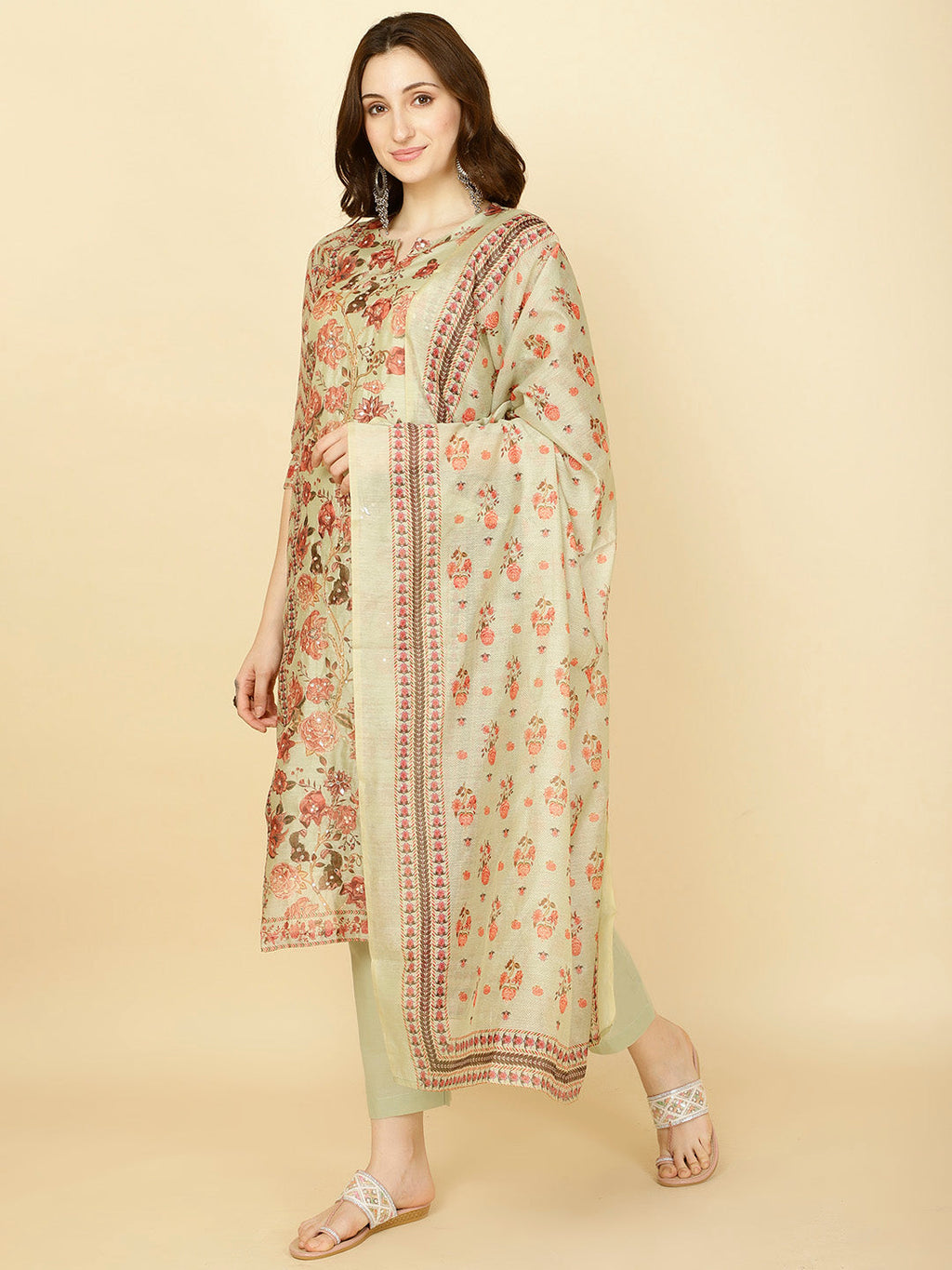 Floral Printed Chanderi Kurta With Pants & Dupatta