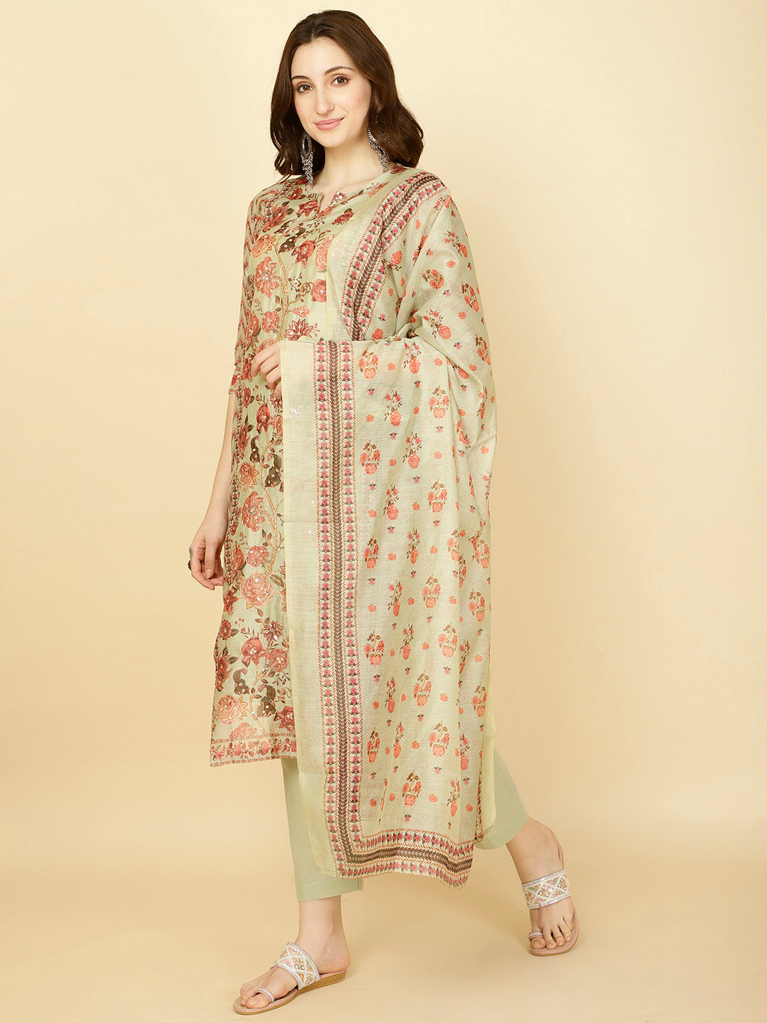Floral Printed Chanderi Kurta With Pants &amp; Dupatta