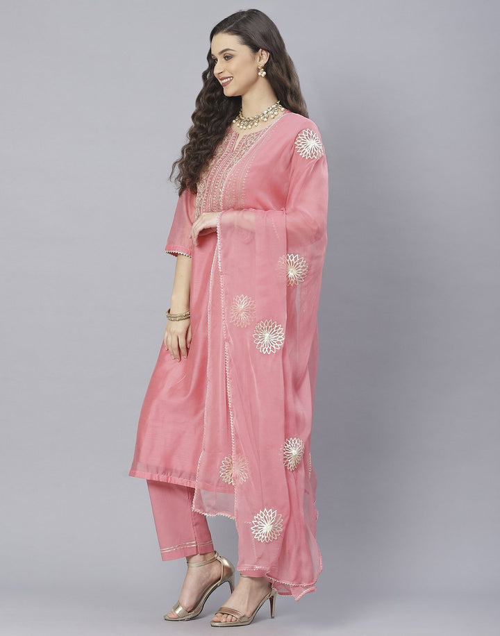 Peach Pink and Yellow Cotton Chanderi Salwar Kameez