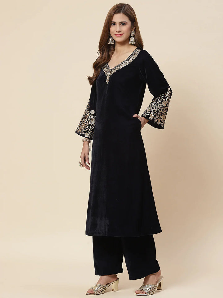 Zari Neck Embroidered Velvet Kurta With Palazzo
