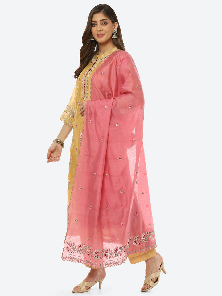 Resham Booti Cotton Kurta With Pant &amp; Dupatta