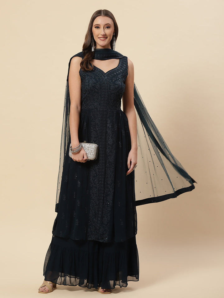 Resham Embroidered Georgette Kurta With Palazzo