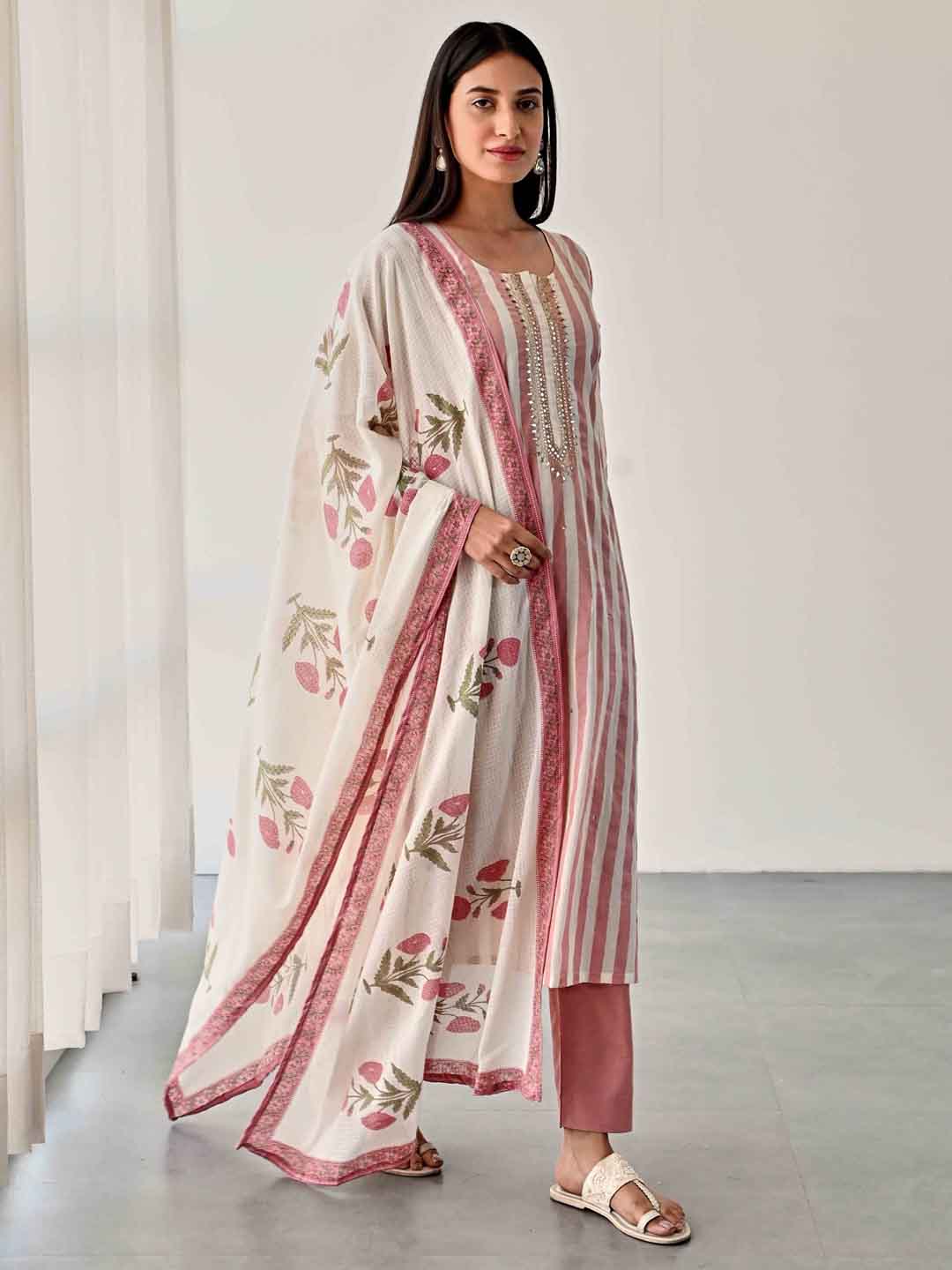 Printed Cotton Kurta With Pants &amp; Dupatta