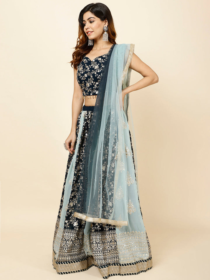 Zari Embroidered Georgette Choli With Lehenga &amp; Dupatta