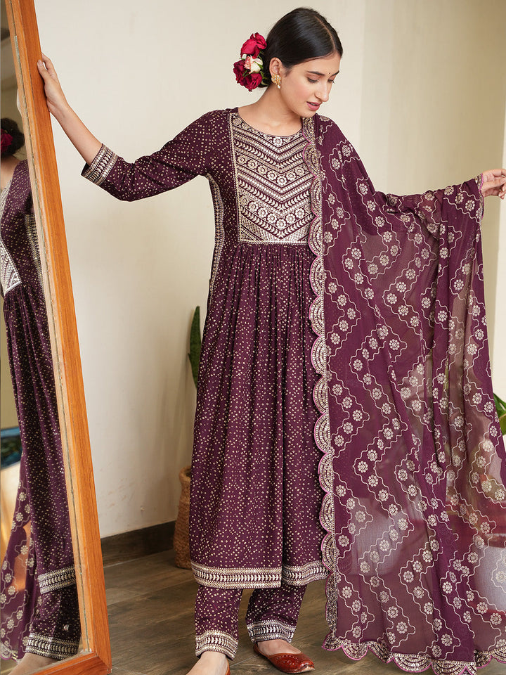 Bandhani Embroidered Rayon Kurta With Pants &amp; Dupatta