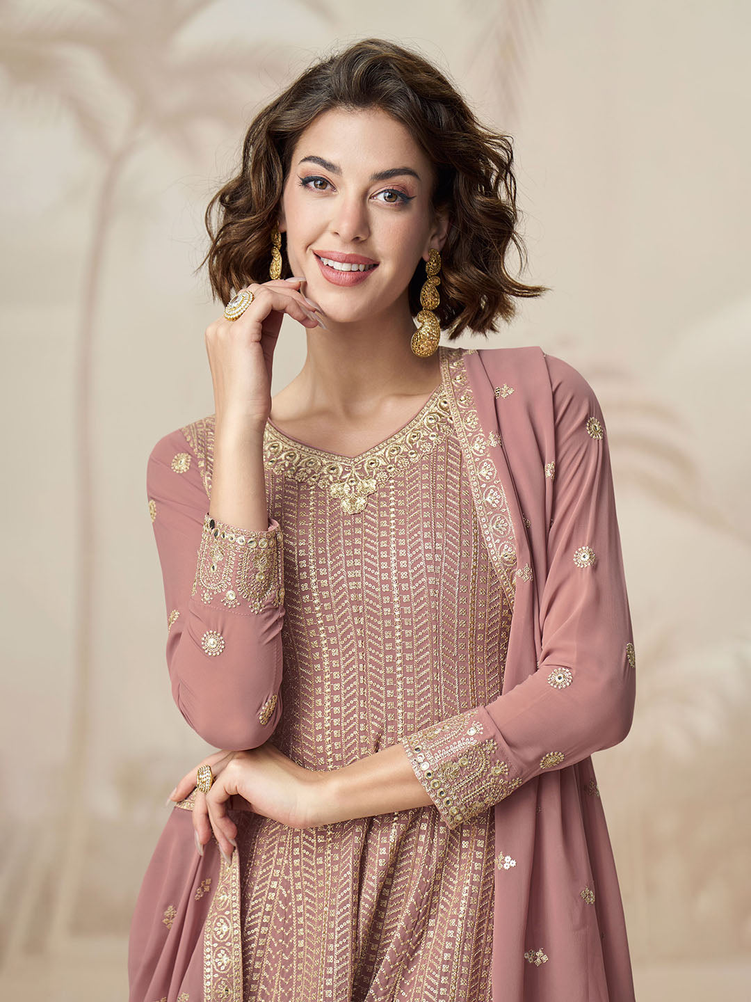 Embroidered Georgette Kurti With Sharara &amp; Dupatta
