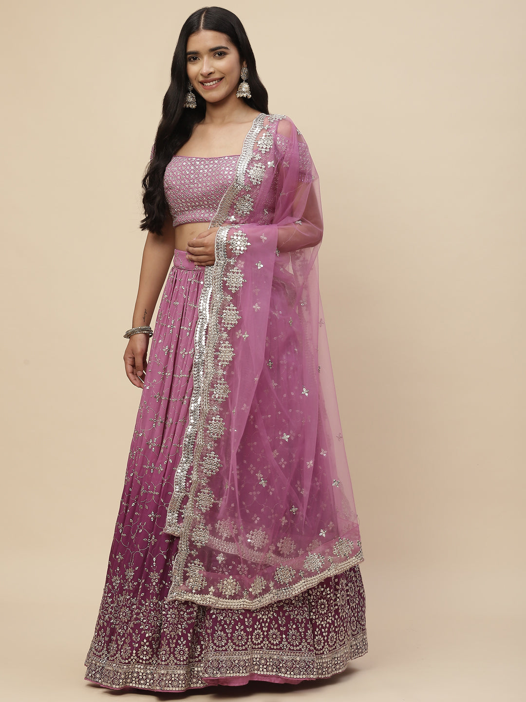 Sequin Embroidered Georgette Lehenga With Choli &amp; Net Dupatta
