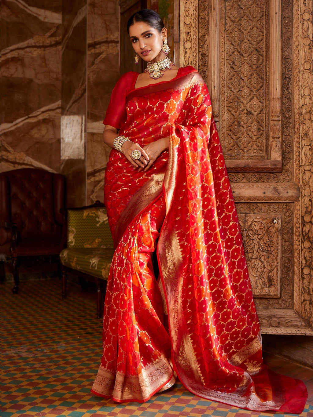 Zari Jaal Organza  Plain Saree