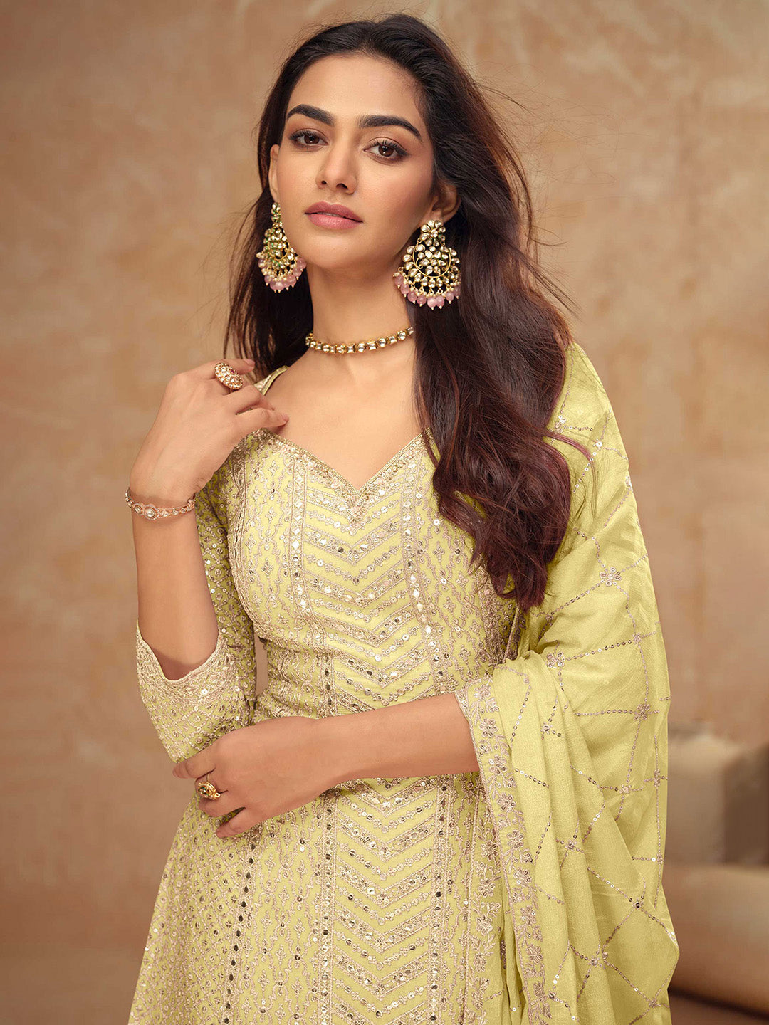 Embroidered Chinon Kurti With Sharara &amp; Dupatta