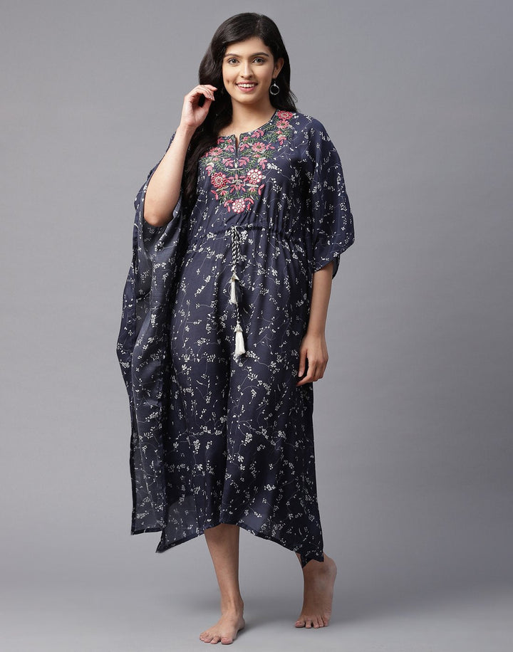 Printed Kaftan with Yoke Embroidery