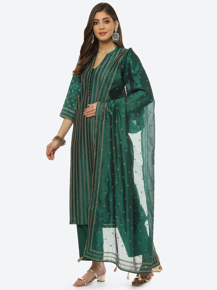 Resham Embroidered Booti Border Chanderi kurta With Pant &amp; Dupatta