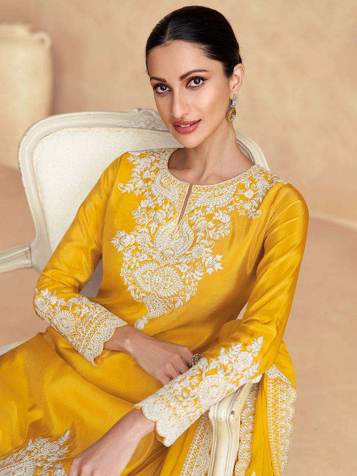 Embroidered Shimmer Silk Kurta With Plazzo &amp; Dupatta