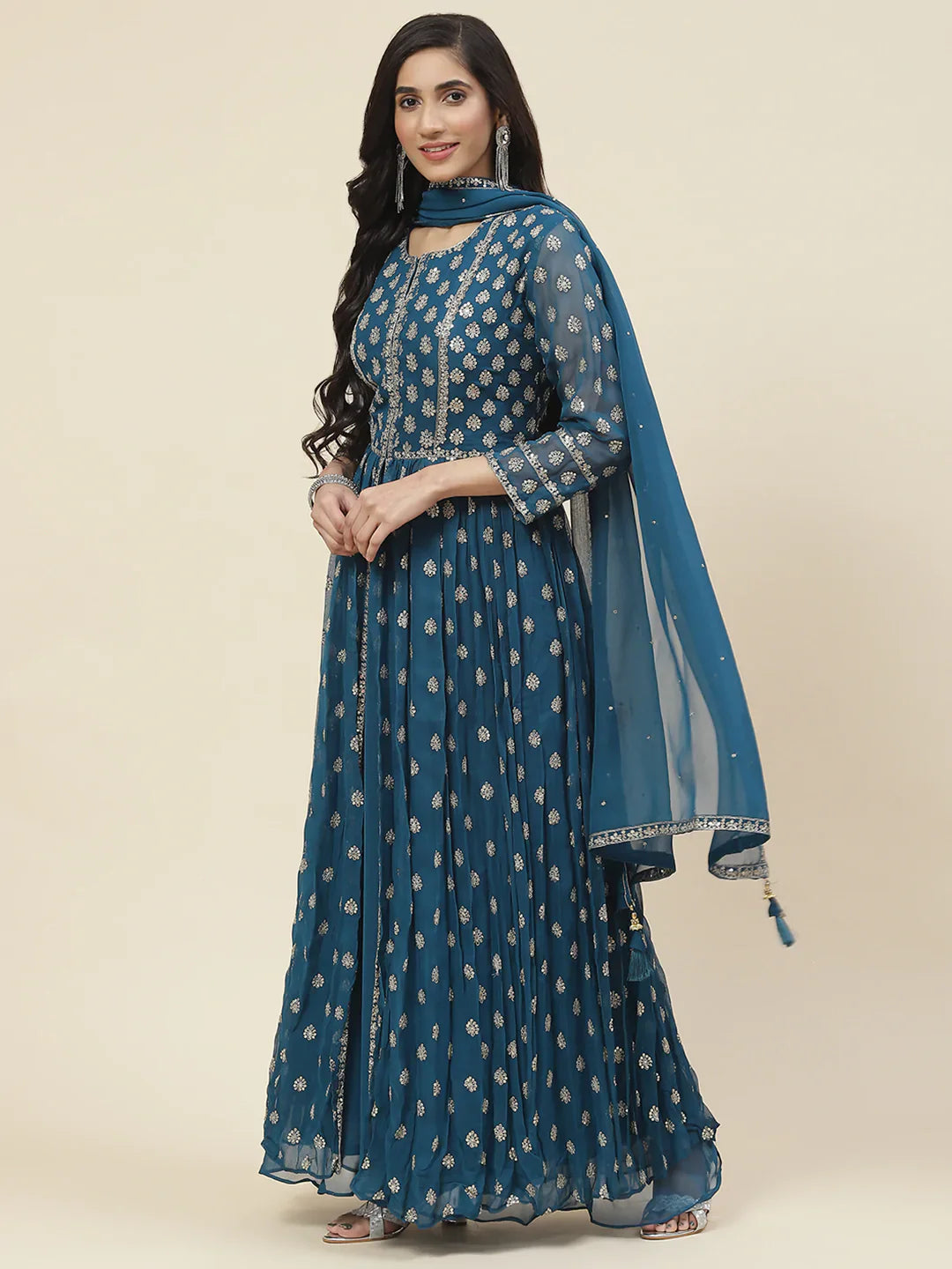 Sequin Embroidered Georgette Kurta With Sharara &amp; Dupatta