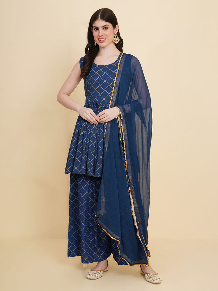 Printed Cotton Blend Blue Suit With Pant &amp; Dupatta