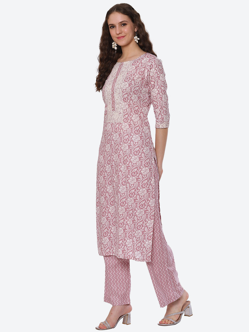 Neck Embroidered Printed Cotton Kurta With Palazzo