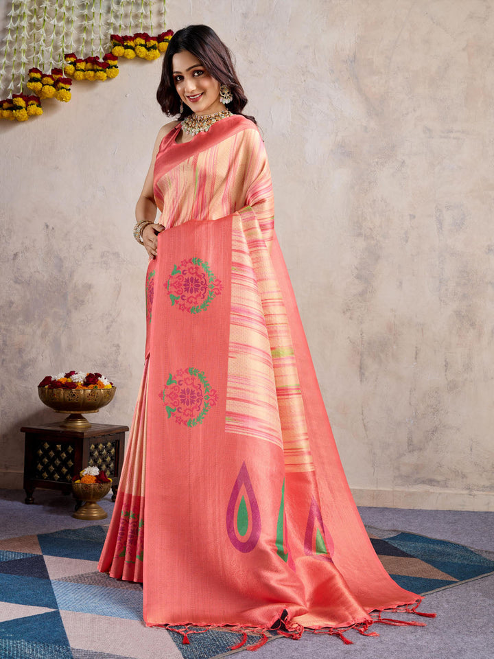 Floral Printed Zari Border Art Silk Woven Saree