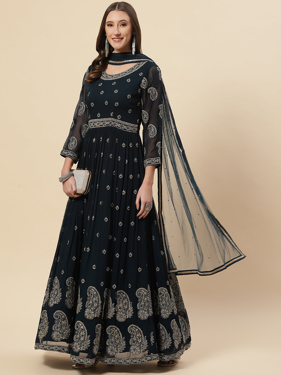 Resham Zari Embroidered Georgette Anarkali Kurta With Churidar &amp; Dupatta